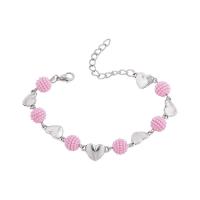 Bracelets de perles En alliage de zinc , avec perle de plastique, coeur, Placage de couleur argentée, pour femme, rose, 19mm Environ 19-24.5 cm, Vendu par PC