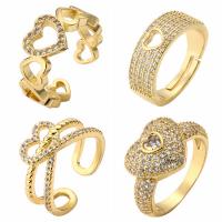 Brass Cuff Finger Ring, Heart, gold color plated & micro pave cubic zirconia & for woman, golden 