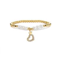 Cubic Zirconia Micro Pave Brass Bracelet, with Plastic Pearl, gold color plated & micro pave cubic zirconia & for woman, golden .89 Inch 