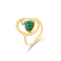 Gemstone Stainless Steel Finger Ring, 304 Stainless Steel, with Malachite, Teardrop, 14K gold plated, adjustable & micro pave cubic zirconia & for woman, 20mm 