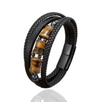Leatheroid Cord Bracelets, leather cord, with Tiger Eye & 304 Stainless Steel, handmade, multilayer & braided bracelet & Unisex cm 