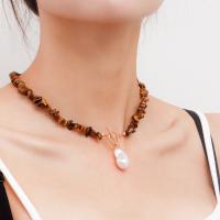 Gemstone Chip Necklaces, Zinc Alloy, with Tiger Eye & Plastic Pearl, gold color plated & for woman Approx 16.38 Inch 