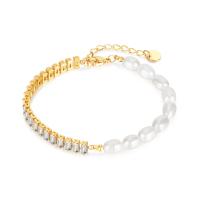 Cultured Freshwater Pearl Bracelets, Titanium Steel, with Freshwater Pearl, plated, micro pave cubic zirconia & for man Approx 6.49 Inch 