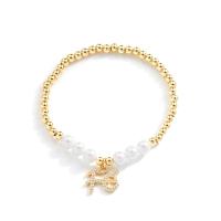 Cubic Zirconia Micro Pave Brass Bracelet, with Plastic Pearl, 18K gold plated, elastic & micro pave cubic zirconia & for woman, golden .1 Inch 