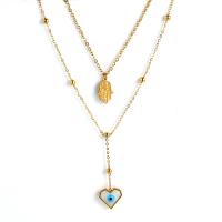 Evil Eye Jewelry Necklace, Titanium Steel, with Shell, Heart, gold color plated, Double Layer & for woman, gold Approx 20 Inch 