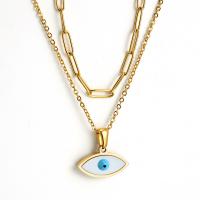 Evil Eye Jewelry Necklace, Titanium Steel, with Shell, gold color plated, Double Layer & for woman & enamel, gold Approx 17.7 Inch 