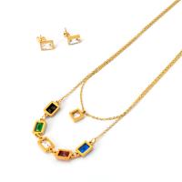 Titanium Steel Jewelry Set, earring & necklace, gold color plated, micro pave cubic zirconia & for woman, gold Approx 20 Inch 