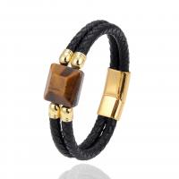 PU Leather Cord Bracelets, with Tiger Eye & 304 Stainless Steel, handmade, Double Layer & braided bracelet & Unisex Approx 8.3 Inch 