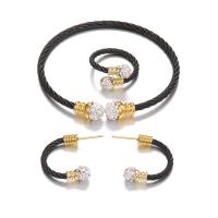 Titanium Steel Jewelry Set, gold color plated, Adjustable & open & for woman & with rhinestone, black, 6.2cm,2.5cm,2.2cm 