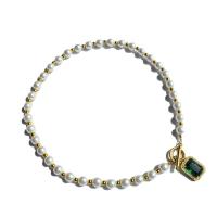 Collar de perlas de plástico, Perlas plásticas, con metal, Rectángular, chapado en color dorado, para mujer & con diamantes de imitación de vidrio, dorado, longitud:16.93 Inch, Vendido por UD