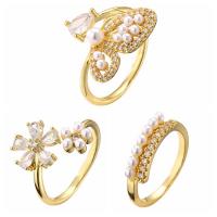 Brass Cuff Finger Ring, with Plastic Pearl, gold color plated & micro pave cubic zirconia & for woman, golden 
