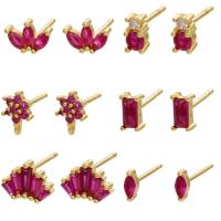 Cubic Zircon Brass Earring, gold color plated & micro pave cubic zirconia & for woman, fuchsia 