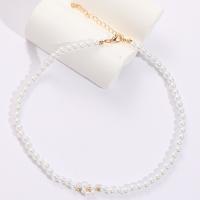 Perla de cristal collar de cadena de latón, Perlas de vidrio, con metal, con 1.97 extender cadena, chapado en oro de 14 K, para mujer, Blanco, longitud:14.96 Inch, Vendido por UD