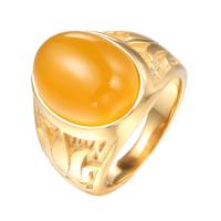 Gemstone Stainless Steel Finger Ring, with Chalcedony, gold color plated, Unisex 