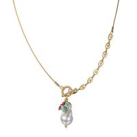 Natural Freshwater Pearl Necklace, 304 Stainless Steel, with turquoise & Freshwater Pearl, Vacuum Ion Plating, fashion jewelry & for woman, golden, 3.1cm Approx 18.5 Inch 