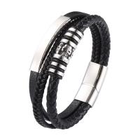 PU Leather Bracelet, with 316 Stainless Steel, fashion jewelry & multilayer & for man, black, 12mm 