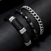 PU Leather Bracelet, with Glass Beads & Hematite & Zinc Alloy, three pieces & fashion jewelry & for man, black, 5-6cm 