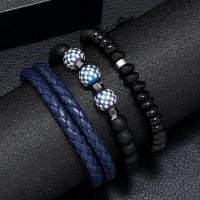 PU Leather Bracelet, with Glass Beads & Hematite & Zinc Alloy, three pieces & fashion jewelry & for man, dark blue, 5-6cm 