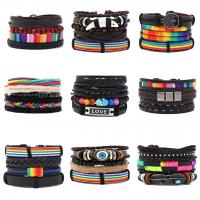 Leatheroid Cord Bracelets, Leather, with Wax Cord & Wood & Zinc Alloy, nine pieces & fashion jewelry & Unisex, mixed colors Approx 17-18 cm 