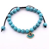 Zinc Alloy Turquoise Bracelets, Polyester Cord, with turquoise & Zinc Alloy, Evil Eye, gold color plated, Bohemian style & adjustable & for woman & enamel & with rhinestone, blue, 8mm,15mm cm 