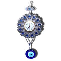 Wall Clock, Zinc Alloy, with Lampwork, antique silver color plated, durable & evil eye pattern & with rhinestone, blue, 18cm,7cm .5 cm 
