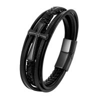 PU Leather Bracelet, with 316L Stainless Steel, Cross, Vacuum Ion Plating, multilayer & for man 