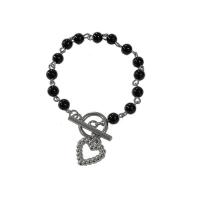 Glass Pearl Zinc Alloy Bracelets, with Glass Beads, Heart, silver color plated, fashion jewelry & for woman, black cm 