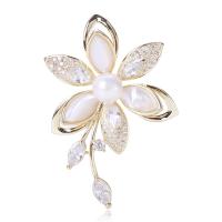 Shell Brooch, Brass, with White Shell & Plastic Pearl, Flower, gold color plated, micro pave cubic zirconia & for woman, white 
