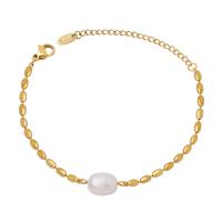 Cultured Freshwater Pearl Bracelets, Titanium Steel, with Freshwater Pearl, with 1.97inch extender chain, fashion jewelry & for woman, golden, 2.5mm,7mm Approx 5.91 Inch 