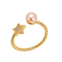 Cultured Freshwater Pearl Finger Ring, with Copper Alloy, 18K gold plated, Adjustable & micro pave cubic zirconia & for woman 5mm 