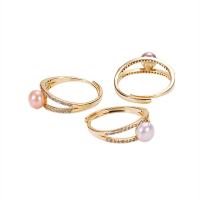 Cultured Freshwater Pearl Finger Ring, with Copper Alloy, 18K gold plated, Adjustable & micro pave cubic zirconia & for woman 6-6.5mm 