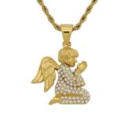 Rhinestone Stainless Steel Pendants, 316L Stainless Steel, Angel, Vacuum Ion Plating, fashion jewelry & for woman & with rhinestone, golden 