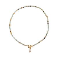 Natural Freshwater Pearl Necklace, ​Amazonite​, with Freshwater Pearl & Brass, 18K gold plated, fashion jewelry & for woman Approx 44 cm 