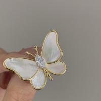 Shell Brooch, Brass, with Cubic Zirconia & Shell, Butterfly, gold color plated, for woman, white 