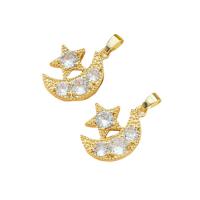 Cubic Zirconia Brass Pendants, with Cubic Zirconia, Moon and Star, gold color plated, for woman 
