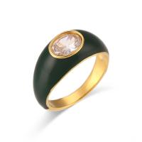 Cubic Zirconia Stainless Steel Finger Ring, 304 Stainless Steel, with Cubic Zirconia, Vacuum Ion Plating & for woman & enamel, black 