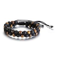 Gemstone Bracelets, Tiger Eye, with Polyester Cord & Lava, Double Layer & Adjustable & for man, 12mm Approx 6.69-13.78 Inch 