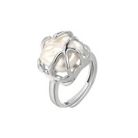 Brass Finger Ring, with Plastic Pearl, platinum color plated, Adjustable & for woman, platinum color, 14mm, US Ring .5 