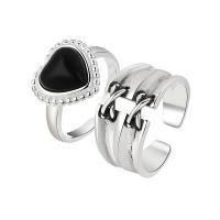 Brass Finger Ring, with Black Agate, silver color plated, Adjustable & for woman US Ring 