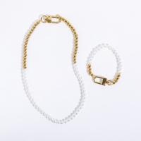 Glass Pearl Jewelry Sets, Glass Beads, bracelet & necklace, with Brass, Round, Vacuum Ion Plating, fashion jewelry & for woman 