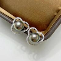 Naturel Akoya perles de culture Boucles d'oreilles, perles Akoya cultivées, avec laiton, bijoux de mode & pour femme & avec strass, argent, 9mm, Vendu par paire