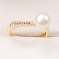 Cultured Freshwater Pearl Finger Ring, with Brass, gold color plated, fashion jewelry & for woman & with rhinestone, 7-8mm 