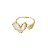 Cubic Zirconia Micro Pave Brass Finger Ring, with Shell, Heart, gold color plated, Adjustable & micro pave cubic zirconia & for woman, white, US Ring 
