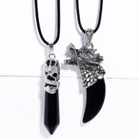 Black Agate Necklace, with leather cord & Brass, with 5cm extender chain, silver color plated & for woman Approx 43 cm 