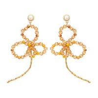 Glass Zinc Alloy Earring, Glass Beads, with Plastic Pearl & Zinc Alloy, Three Leaf Clover, gold color plated, fashion jewelry & for woman & hollow, camel 