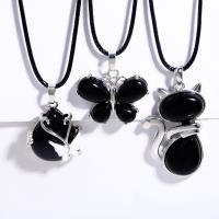 Black Agate Necklace, with leather cord & Brass, with 5cm extender chain, silver color plated, vintage & for woman Approx 43 cm 