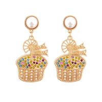 Zinc Alloy Rhinestone Drop Earring, with Plastic Pearl, Ice Cream, gold color plated, for woman & with rhinestone, golden 