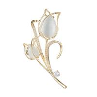 Cats Eye Brooch, Brass, with Cats Eye, Tulip, fashion jewelry & micro pave cubic zirconia & for woman, golden 