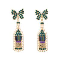 Zinc Alloy Rhinestone Drop Earring, with Plastic Pearl, Winebottle, gold color plated, for woman & with rhinestone 