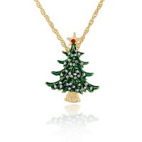Bijoux de Noël Collier Pull, alliage de zinc, avec 6.5cm chaînes de rallonge, arbre de noël, Placage de couleur d'or, pour femme & émail & avec strass, vert Environ 56 cm, Vendu par PC